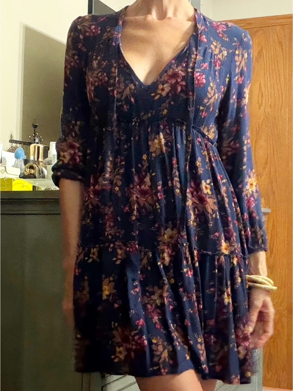 American Eagle Outfitters Quarter Sleeve Navy Floral Mini Dress